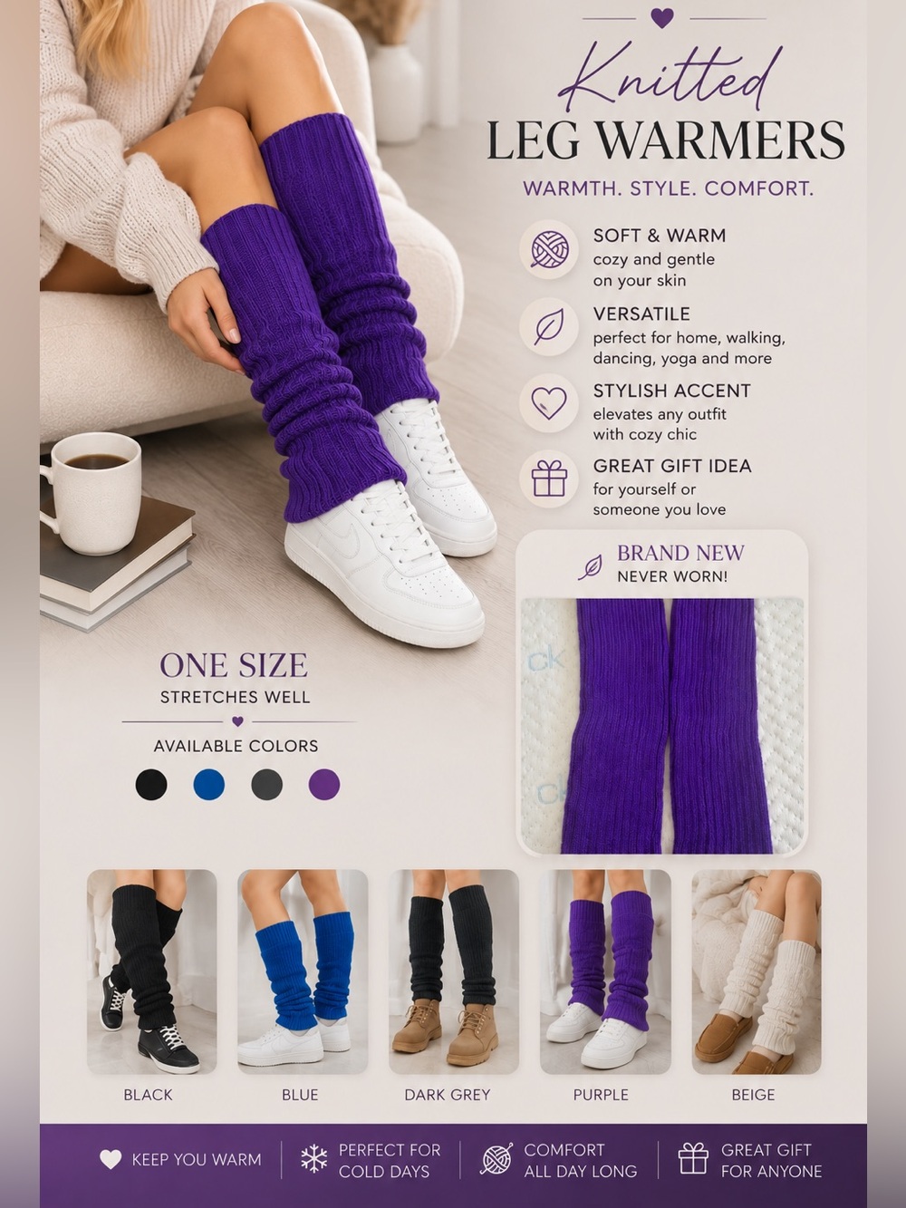 Stylish knitted leg warmers: over-the-knee length, 5 pairs.